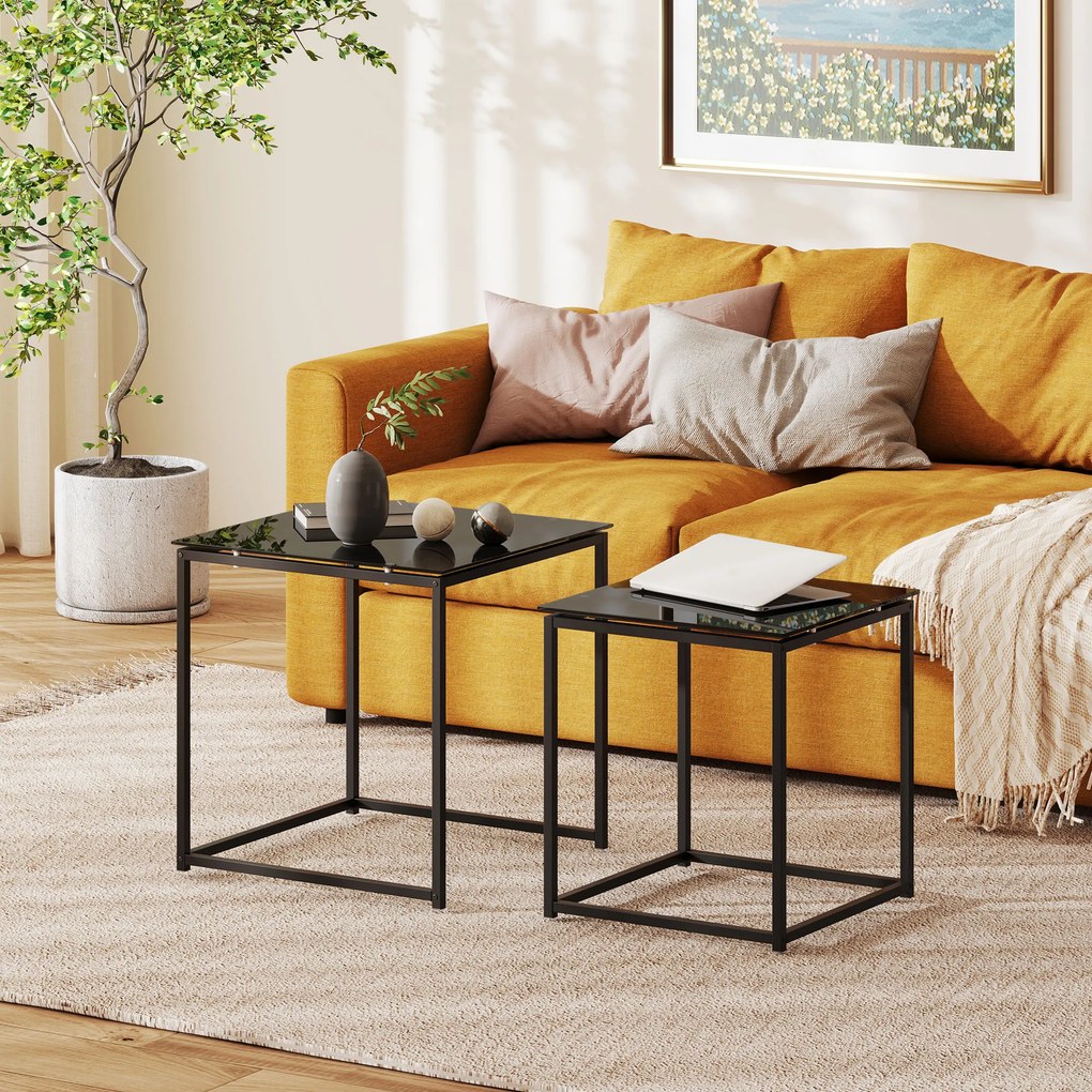 HOMCOM Σετ 2 τραπεζιών βοηθητικών, μοντέρνο σχέδιο, στοιβαζόμενα, γυάλινο τραπέζι, Μαύρο