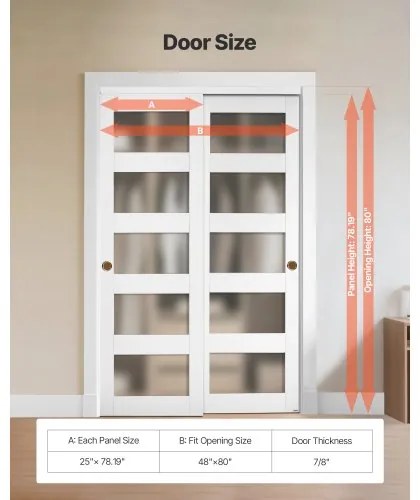 VEVOR Sliding Closet Door, 1219mm (Double 635mm) x 2032 mm, 5-Lite Frosted Glass Bypass Sliding Doors with Hardware Kit, Solid Wood &amp; MDF Slab with Waterproof PVC Surface for Closets Bedrooms