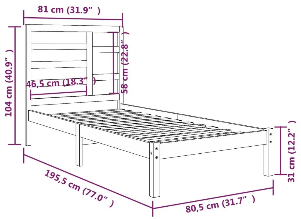 vidaXL Πλαίσιο Κρεβατιού 75 x 190 εκ. από Μασίφ Ξύλο Small Single