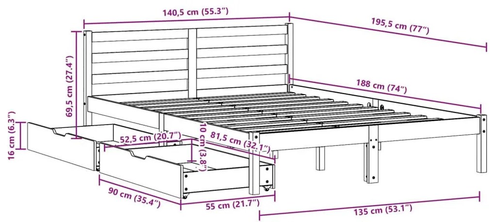 Σκελετός Κρεβ. Χωρίς Στρώμα Καφέ Κεριού 135x190 εκ Μασίφ Πεύκο - Καφέ