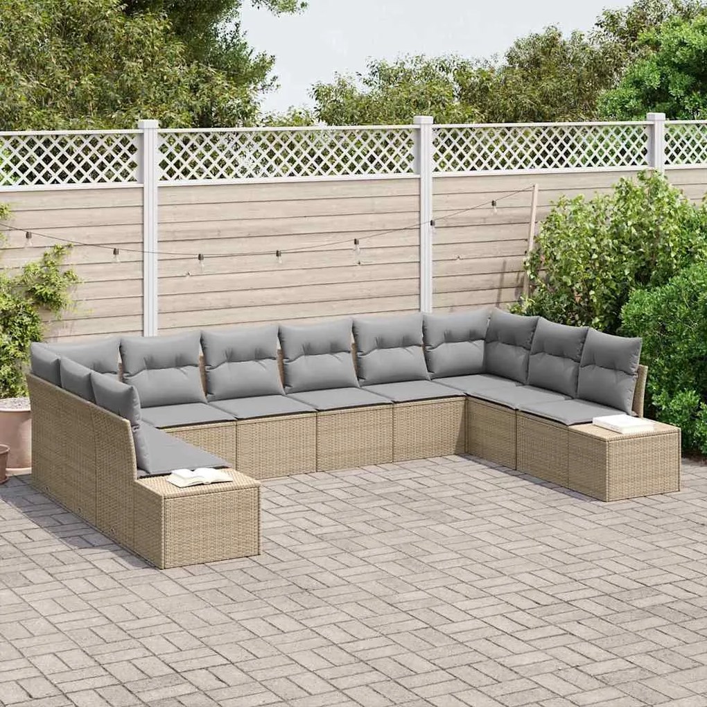 vidaXL Σετ Καναπέ Κήπου με μαξιλάρι 10 pcs Μπεζ Πολυ ράταν