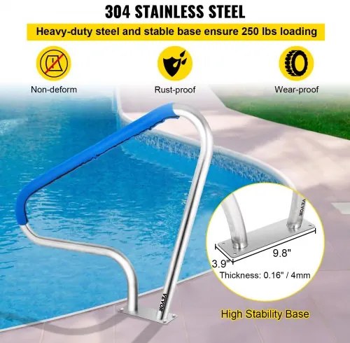 VEVOR Pool Rail 48x36&quot; Pool Railing 304 Stainless Steel 250LBS Load Capacity Silver Rustproof Pool Handrail Humanized Swimming Pool Handrail with Blue Grip Cover &amp; M8 Drill Bit &amp; Self-taping Screws