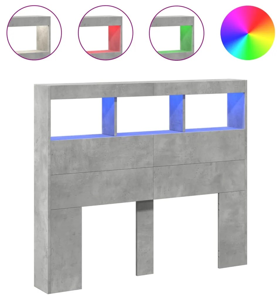 vidaXL Κεφαλάρι με Αποθηκ. Χώρο &amp; LED Γκρι Σκυρ. 120x17x102 εκ.