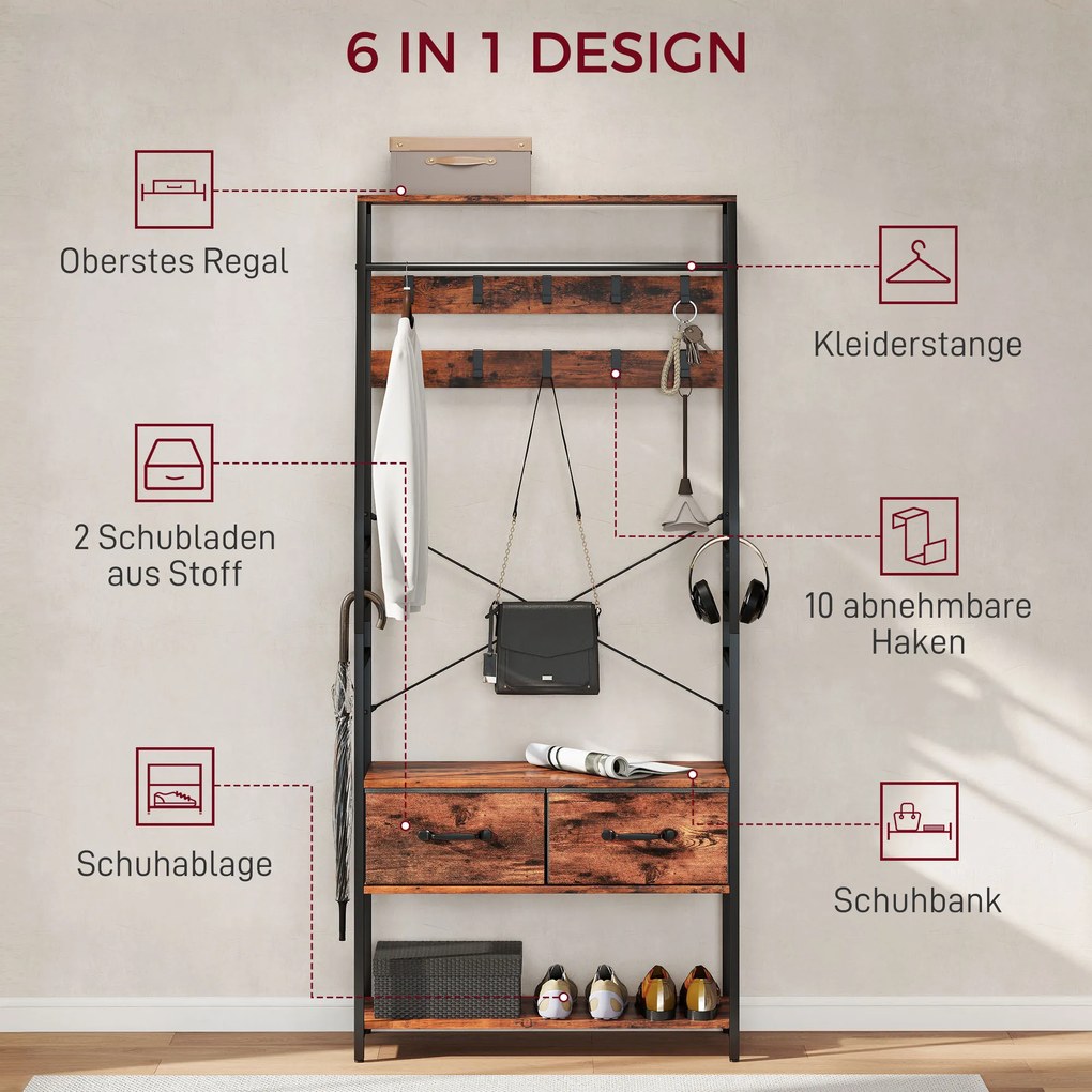 Κρεμάστρα HOMCOM με παπουτσοθήκη, βάση παλτών με πάγκο, 10 γάντζους, 2 υφασμάτινα συρτάρια, ράβδο ρούχων, μοριοσανίδα, μέταλλο, καφέ