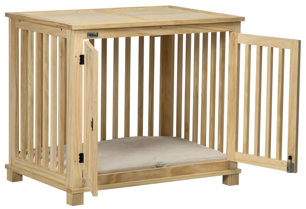 PawHut Κλουβί σκύλου με κλειδαριά και μαξιλάρι, 82,5 cm x 57 cm x 72 cm, φυσικό ξύλο + κρεμ λευκό