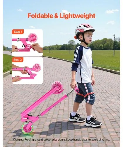 VEVOR Kick Scooter for Kids Ages 3+, 2-Wheel Toddler Scooter with Light-Up Wheels, Adjustable Height Handlebar, Wide Anti-Slip Deck, Foldable Lightweight Frame for Boys and Girls up to 49.9 kg, Pink