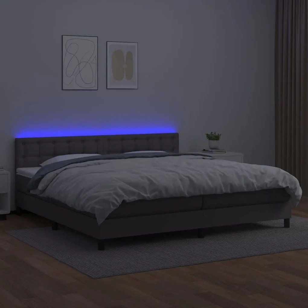 Κρεβάτι Boxspring με Στρώμα &amp; LED Γκρι 200x200 εκ. Συνθ. Δέρμα - Γκρι