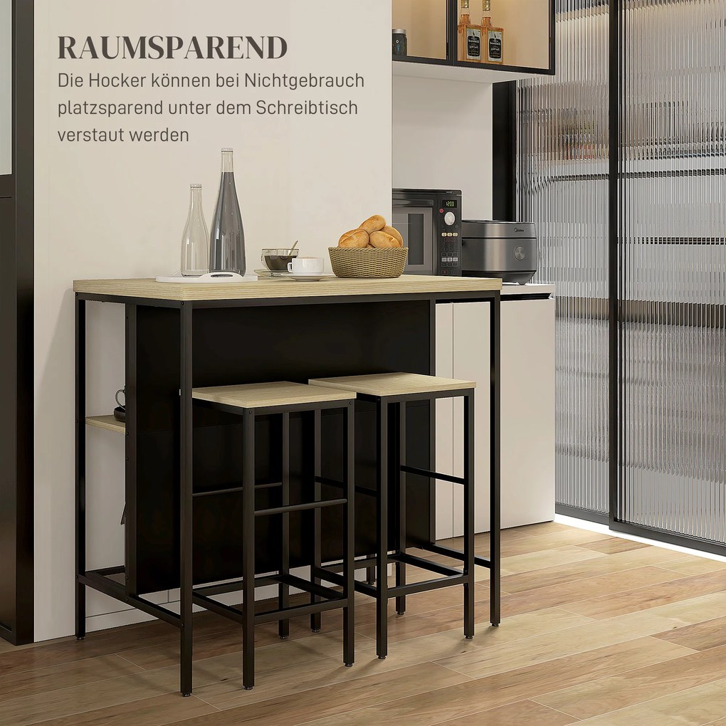 HOMCOM Σετ Μπαρ, 2 Σκαμπό & 1 Τραπέζι Μπαρ, Ανθεκτικό σε Λεκέδες, Σταθερό, Ατσάλινο Πλαίσιο, Μαύρο/Δρυς