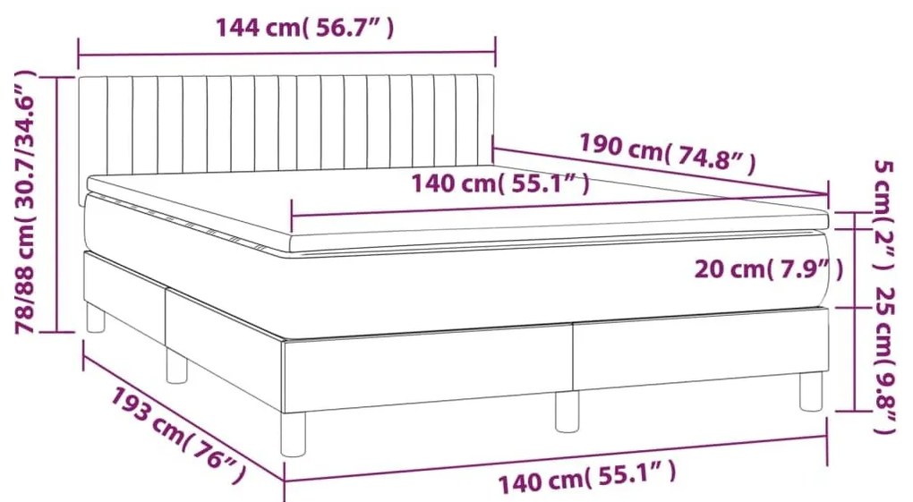 Κρεβάτι Boxspring με Στρώμα &amp; LED Σκ.Γκρι 140x190 εκ Υφασμάτινο - Γκρι