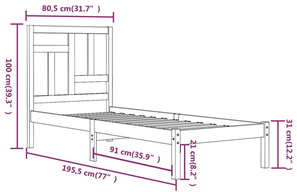 Πλαίσιο Κρεβατιού 75 x 190 εκ. από Μασίφ Ξύλο Small Single - Καφέ