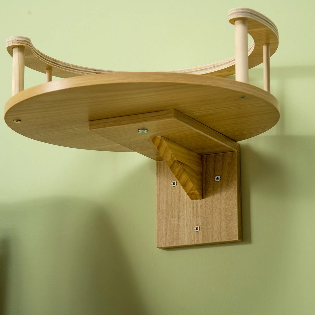 PawHut Wandliege, κρεβάτι γάτας, με προστατευτικό χείλος, μαξιλάρι ύπνου, για τοποθέτηση στον τοίχο, δρυς+κρεμ λευκό, 34 x 34 x 10,5 cm