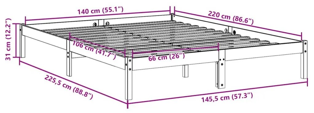 Πλαίσιο Κρεβατιού Μακρύ Χωρίς Στρώμα 140x220 εκ Μασίφ Πεύκο - Καφέ