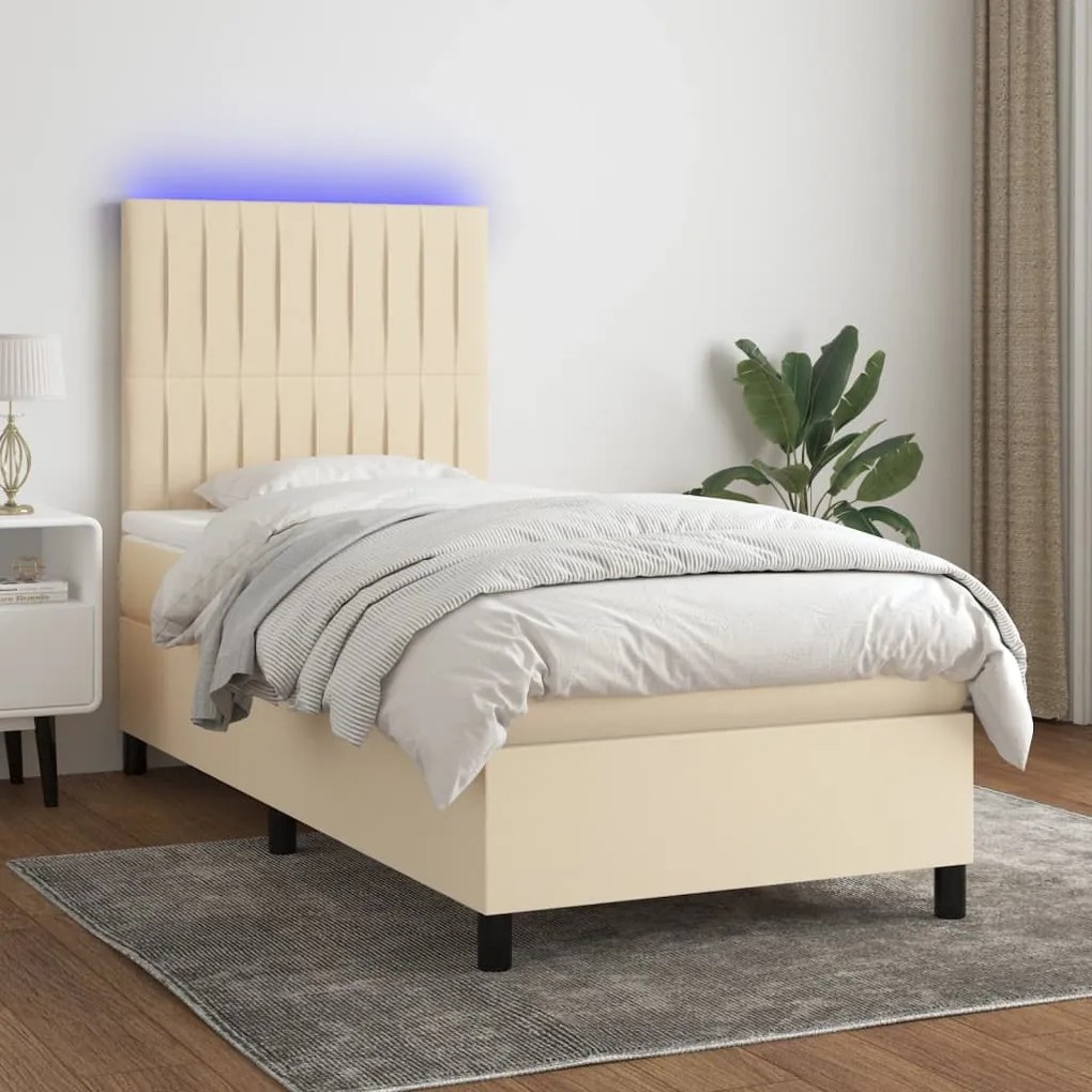 Κρεβάτι Boxspring με Στρώμα &amp; LED Κρεμ 90x200 εκ. Υφασμάτινο