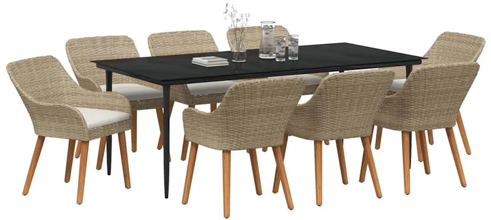 vidaXL Σέτ φαγητού για κήπο με μαξιλάρι 9 pcs Μπεζ συνθετικό ρατάν