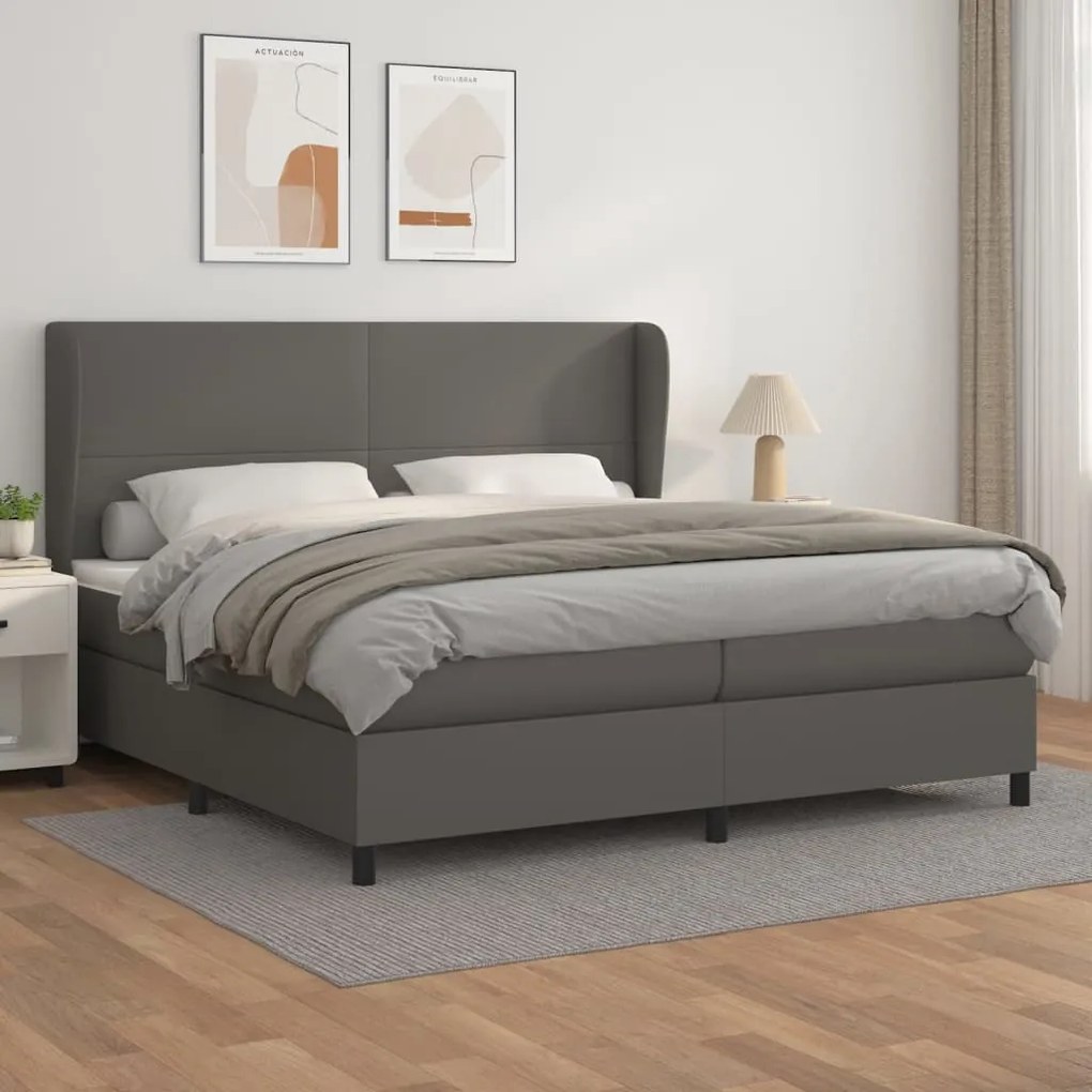 Κρεβάτι Boxspring με Στρώμα Γκρι 200x200 εκ. Συνθετικό Δέρμα