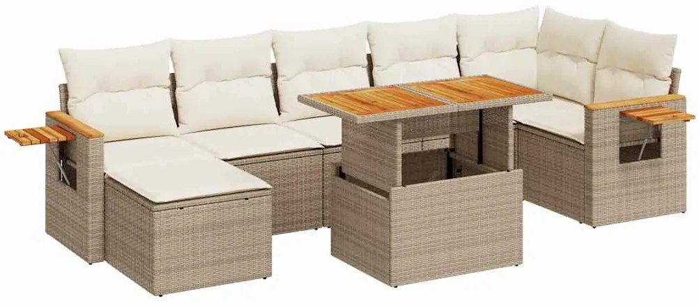 vidaXL Σαλόνι Κήπου Σετ 8 τεμ. Μπεζ Συνθετικό Ρατάν Μαξιλάρια ακακίας