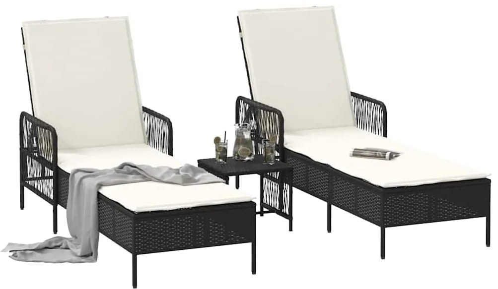 vidaXL Ξαπλώστρα με μαξιλάρι 2-πρόσωπο 2 pcs Μαύρο συνθετικό ρατάν