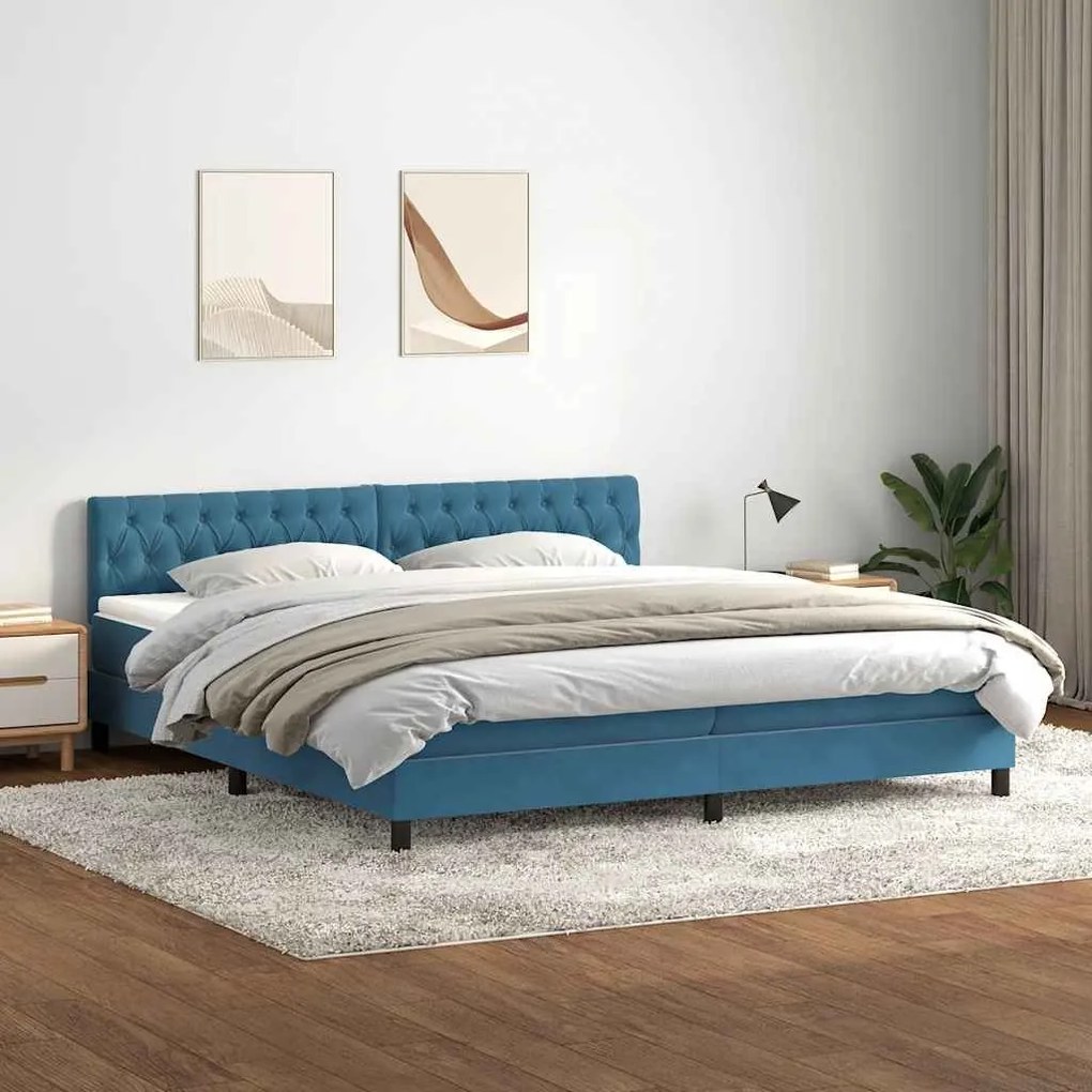 Κρεβάτι Boxspring με Στρώμα Σκούρο Μπλε 180x210 εκ. Βελούδινο - Μπλε