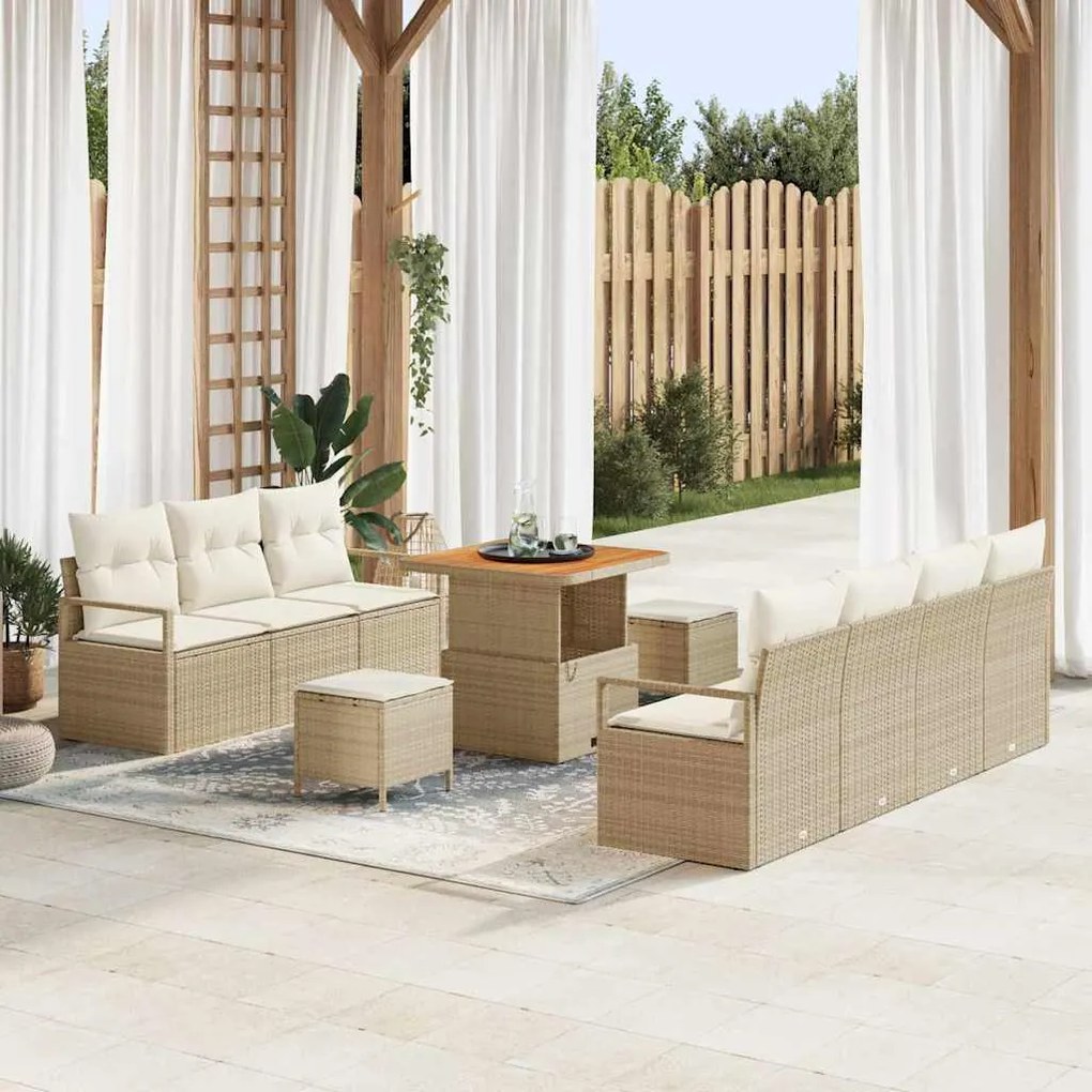 vidaXL Σετ Καναπέ Κήπου με μαξιλάρι 10 pcs Μπεζ Πολυ ράταν
