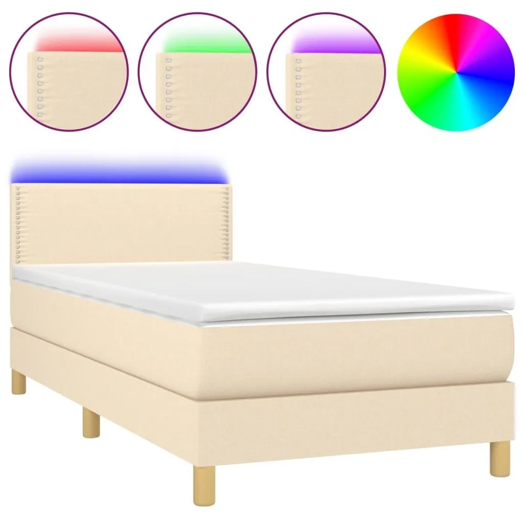 Κρεβάτι Boxspring με Στρώμα &amp; LED Κρεμ 90x190 εκ. Υφασμάτινο - Κρεμ