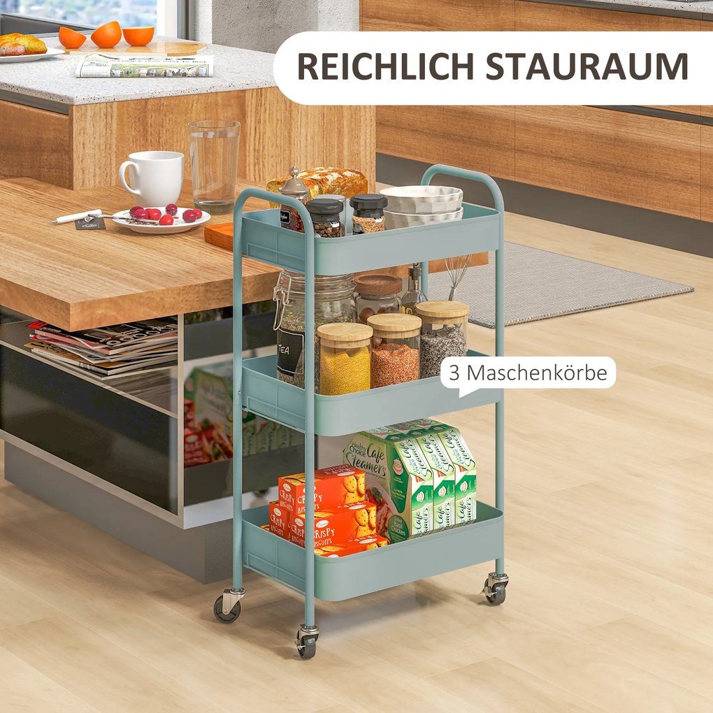 HOMCOM Πολυλειτουργικό καρότσι, καρότσι κουζίνας, 3 ράφια, 4 τροχοί, 45 cm x 30,6 cm x 79 cm, Ανοιχτό μπλε