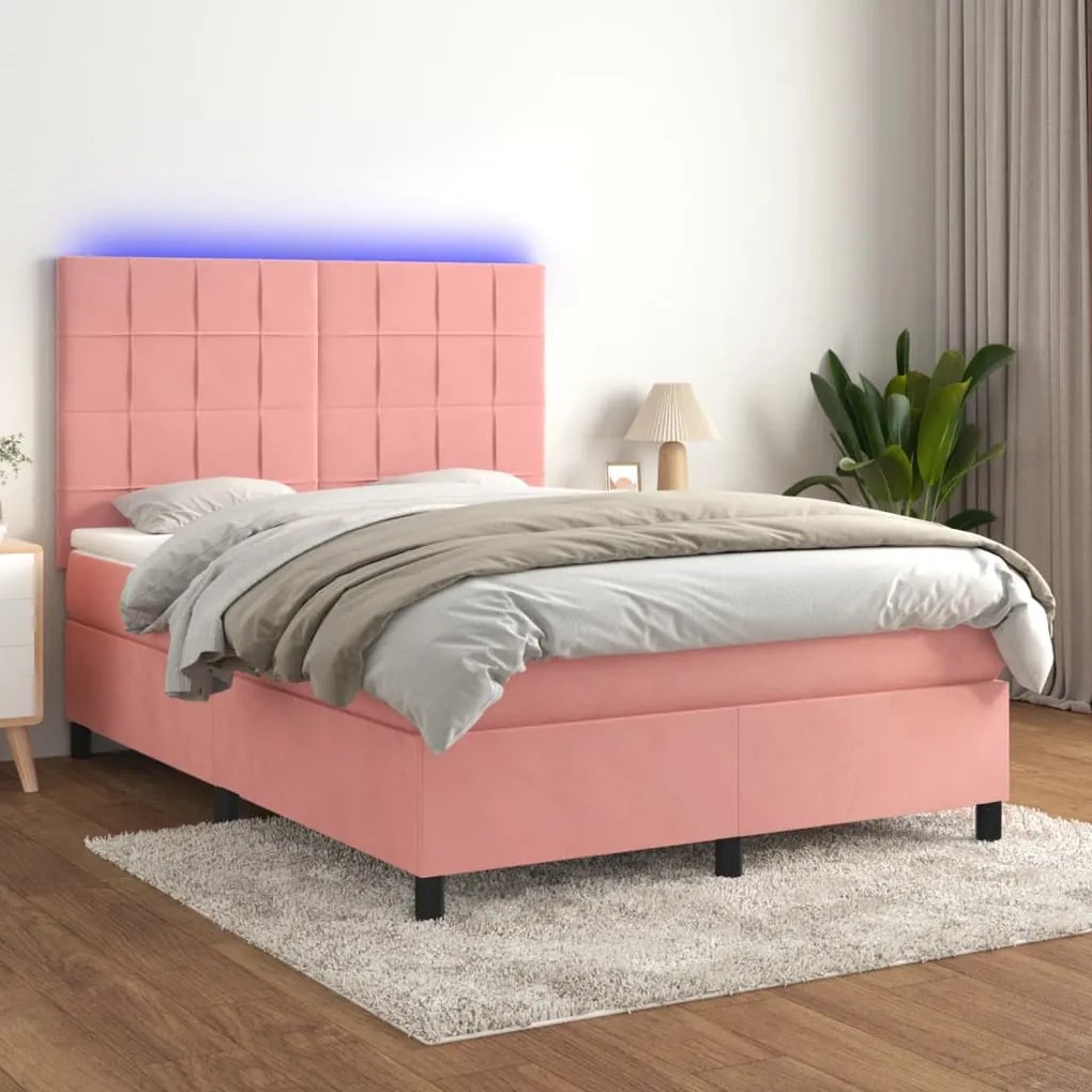 Κρεβάτι Boxspring με Στρώμα & LED Ροζ 140x200 εκ. Βελούδινο