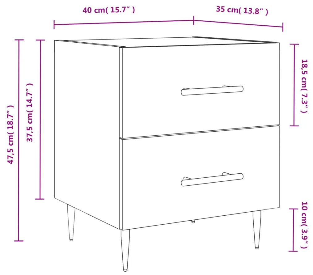 Κομοδίνο Λευκό 40 x 35 x 47,5 εκ. από Επεξεργασμένο Ξύλο - Λευκό