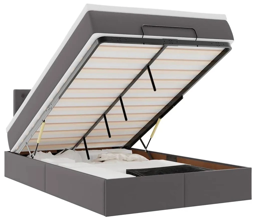 vidaXL Οθωμανικό κρεβάτι με στρώματα & LEDs Γκρι Faux Leather