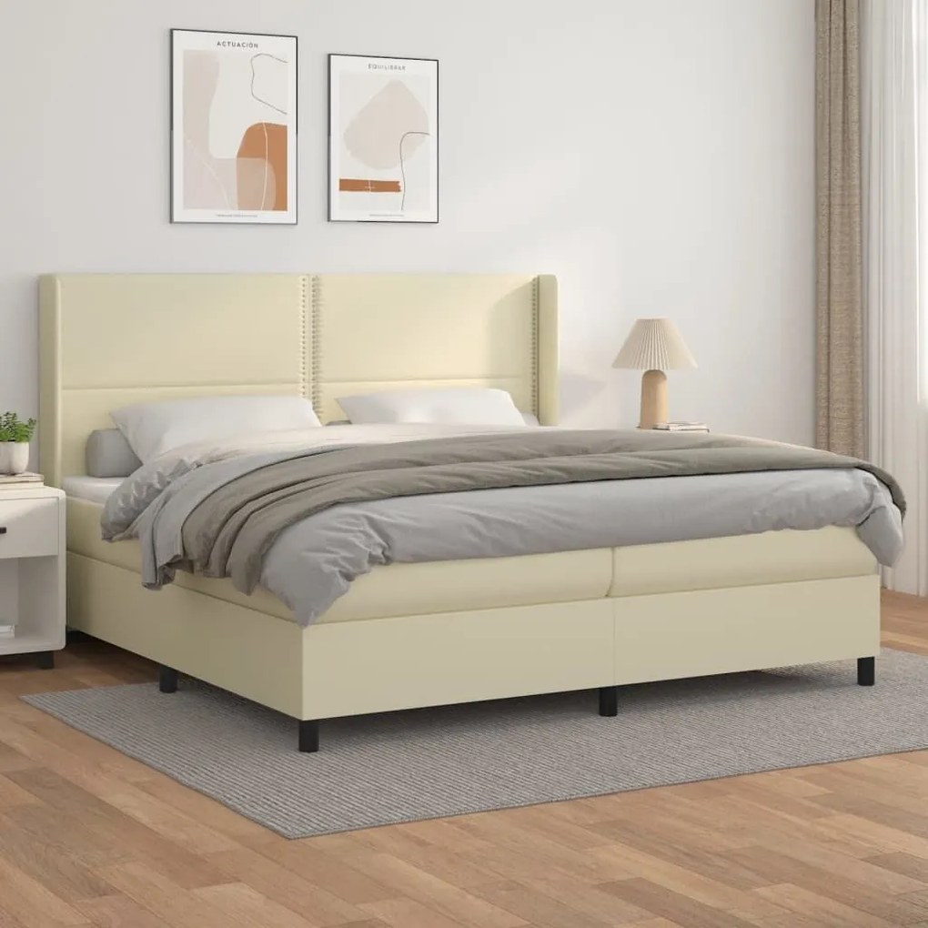 Κρεβάτι Boxspring με Στρώμα Κρεμ 200x200 εκ. Συνθετικό Δέρμα - Κρεμ