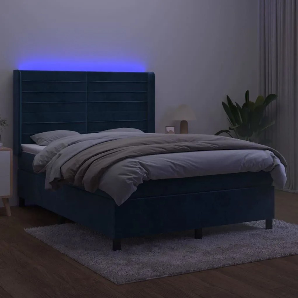 Κρεβάτι Boxspring με Στρώμα &amp; LED Σκ. Μπλε 140x200εκ. Βελούδινο - Μπλε