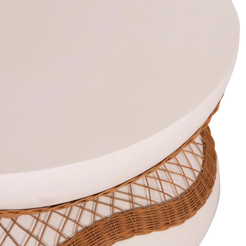 Τραπεζάκι σαλονιού ANNA από Fiber Cement Λευκό & Φυσικό Rattan Φ92x44.5Υεκ. 92x92x44.5 εκ.