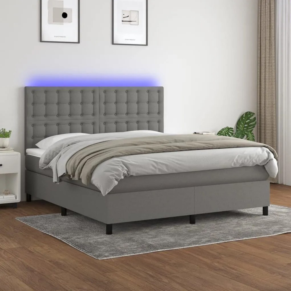 Κρεβάτι Boxspring με Στρώμα &amp; LED Σκ.Γκρι 160x200 εκ Υφασμάτινο - Γκρι