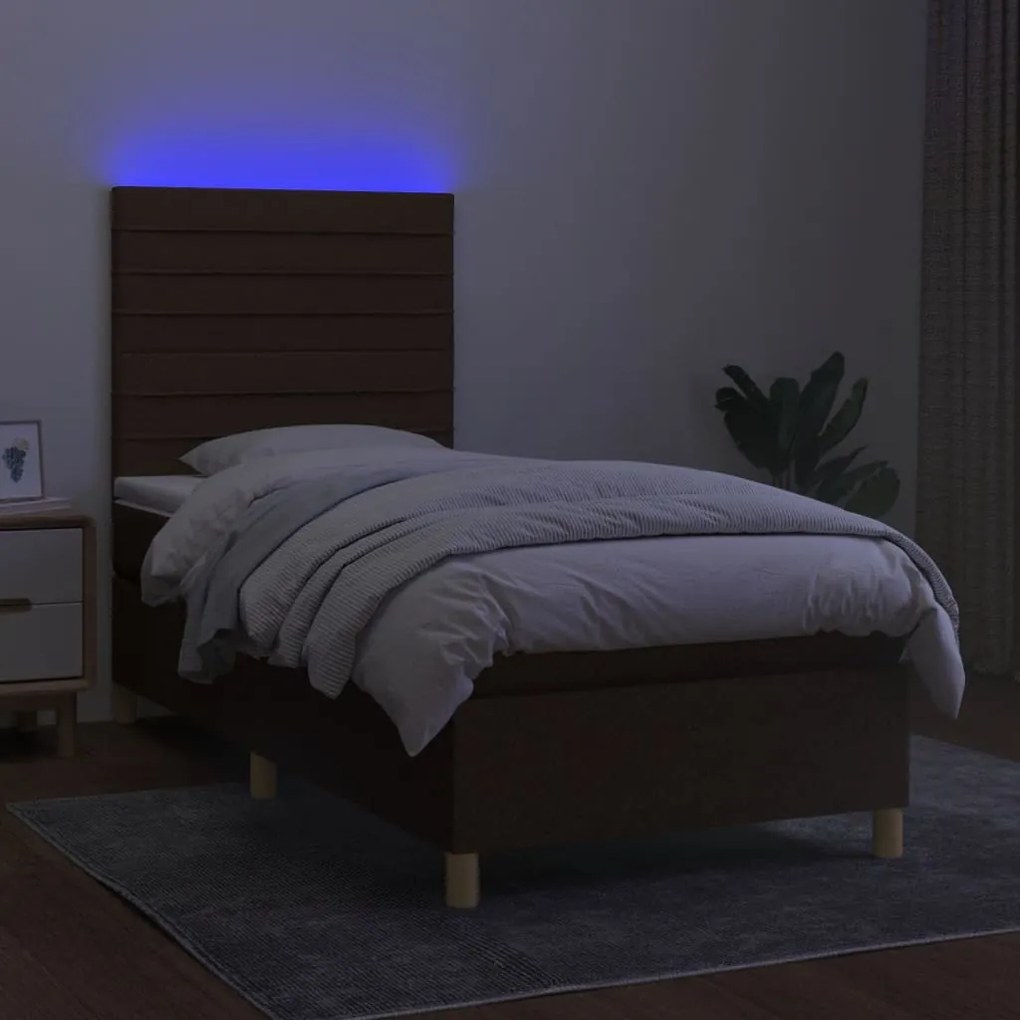 vidaXL Κρεβάτι Boxspring με Στρώμα & LED Σκ.Καφέ 90x200 εκ. Υφασμάτινο