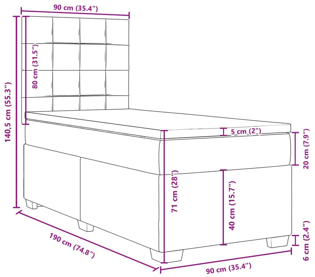 Κρεβάτι Boxspring με Στρώμα Ανοιχτό Γκρι 90x190 εκ. Βελούδινο - Γκρι