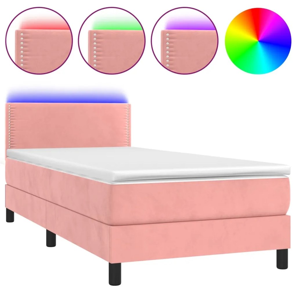 vidaXL Κρεβάτι Boxspring με Στρώμα & LED Ροζ 100x200 εκ. Βελούδινο