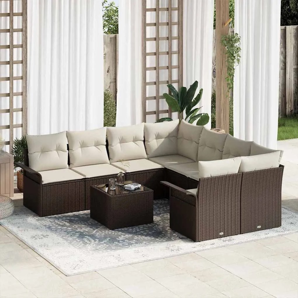 vidaXL Σετ Καναπέ Κήπου με μαξιλάρι 9 pcs Καφέ, Κρέμα 55 x 55 x 37 εκ