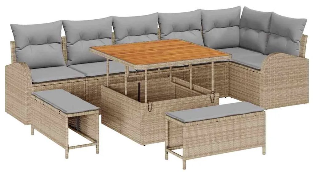 vidaXL Σετ Καναπέ Κήπου με μαξιλάρι 9 pcs Μπεζ Πολυ ράταν