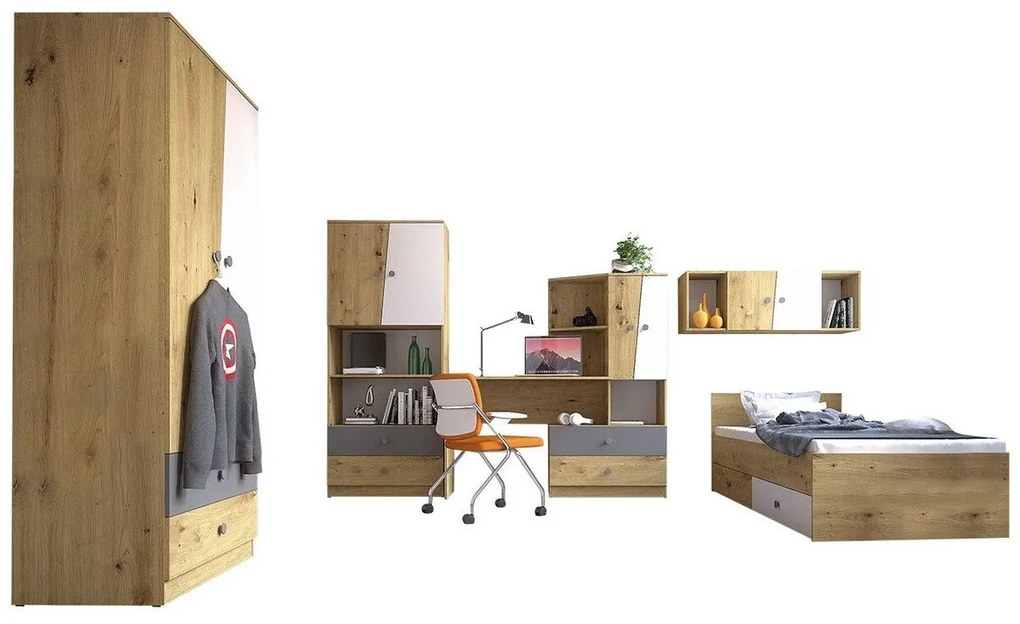 Παιδικό δωμάτιο Akron M118, 252 kg, Artisan βελανιδιά, Γκρι, Άσπρο, Πλαστικοποιημένη μοριοσανίδα, Πόρτες ντουλάπας: Με μεντεσέδες, Τάβλες για Κρεβάτι