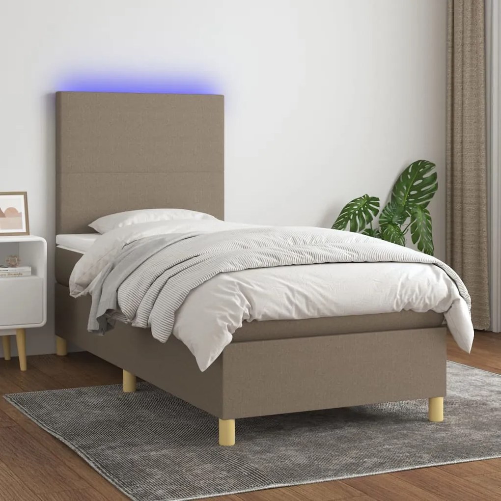 vidaXL Κρεβάτι Boxspring με Στρώμα & LED Taupe 100x200 εκ. Υφασμάτινο