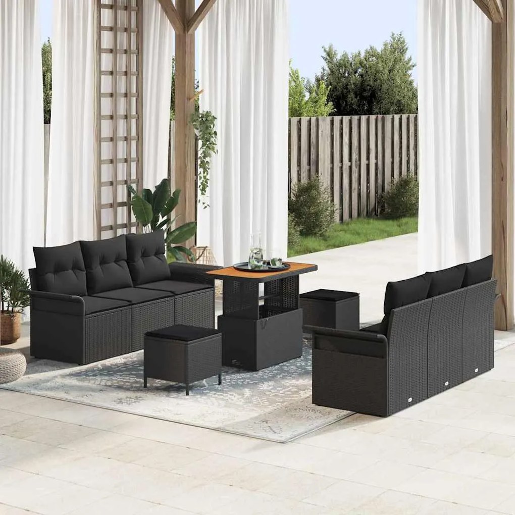 vidaXL Σετ Καναπέ Κήπου με μαξιλάρι 9 pcs Μαύρο 90 x 55 x 71 cm
