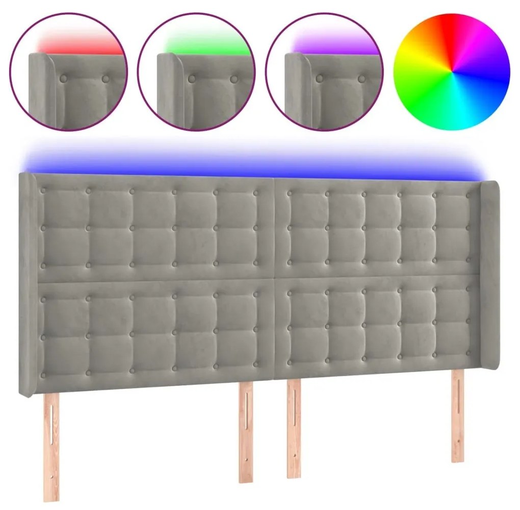 Κεφαλάρι Κρεβατιού LED Ανοιχτό Γκρι 163x16x118/128εκ. Βελούδινο - Γκρι