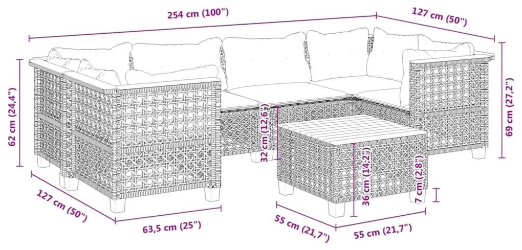 Καναπές Σετ 7 Τεμαχίων Μαύρο Συνθετικό Ρατάν με Μαξιλάρια - Μαύρο