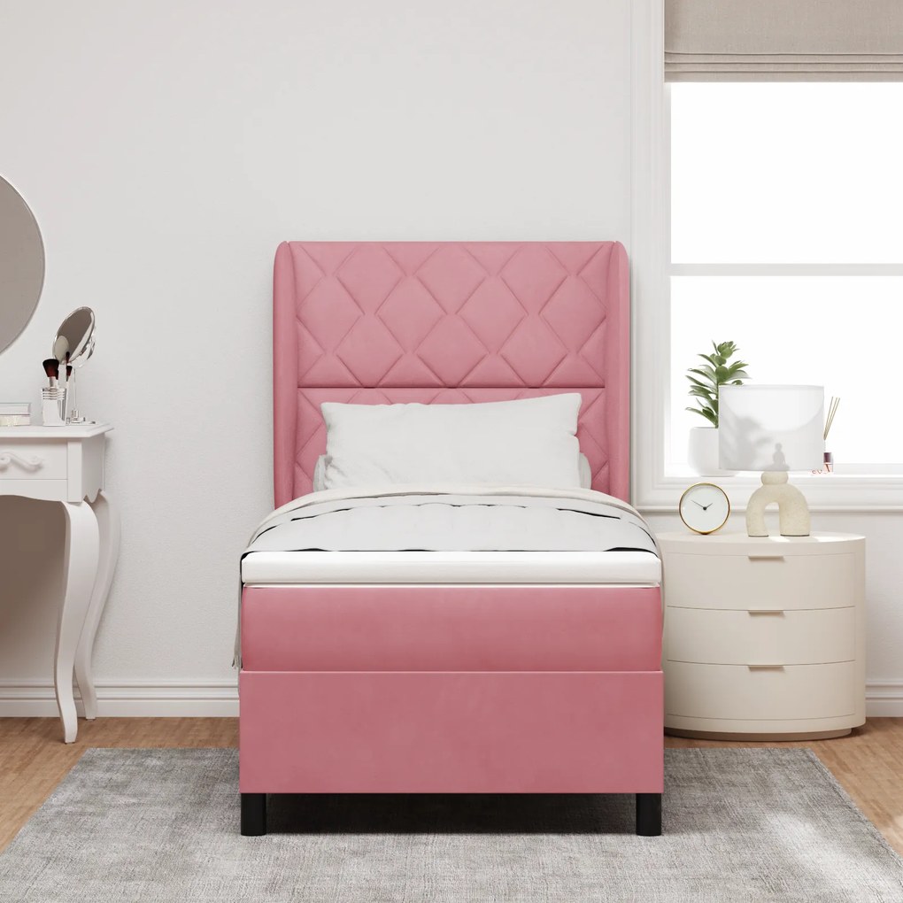 vidaXL κρεβάτι box spring με στρώμα σε ροζ, 90x190 εκ, βελούδο