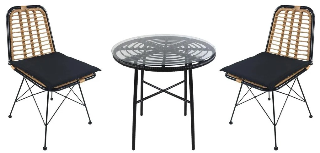Σετ Τραπεζαρία Κήπου ArteLibre APPIUS Μαύρο Μέταλλο/Rattan/Γυαλί Με 2 Καρέκλες 14990376