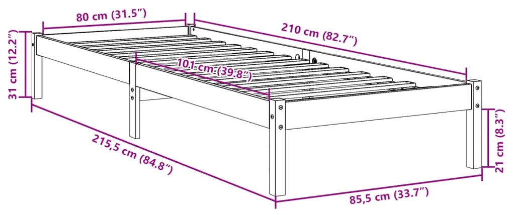 Πλαίσιο Κρεβατιού Μακρύ Χωρ. Στρώμα Λευκό 80x210 εκ Μασίφ Πεύκο - Λευκό