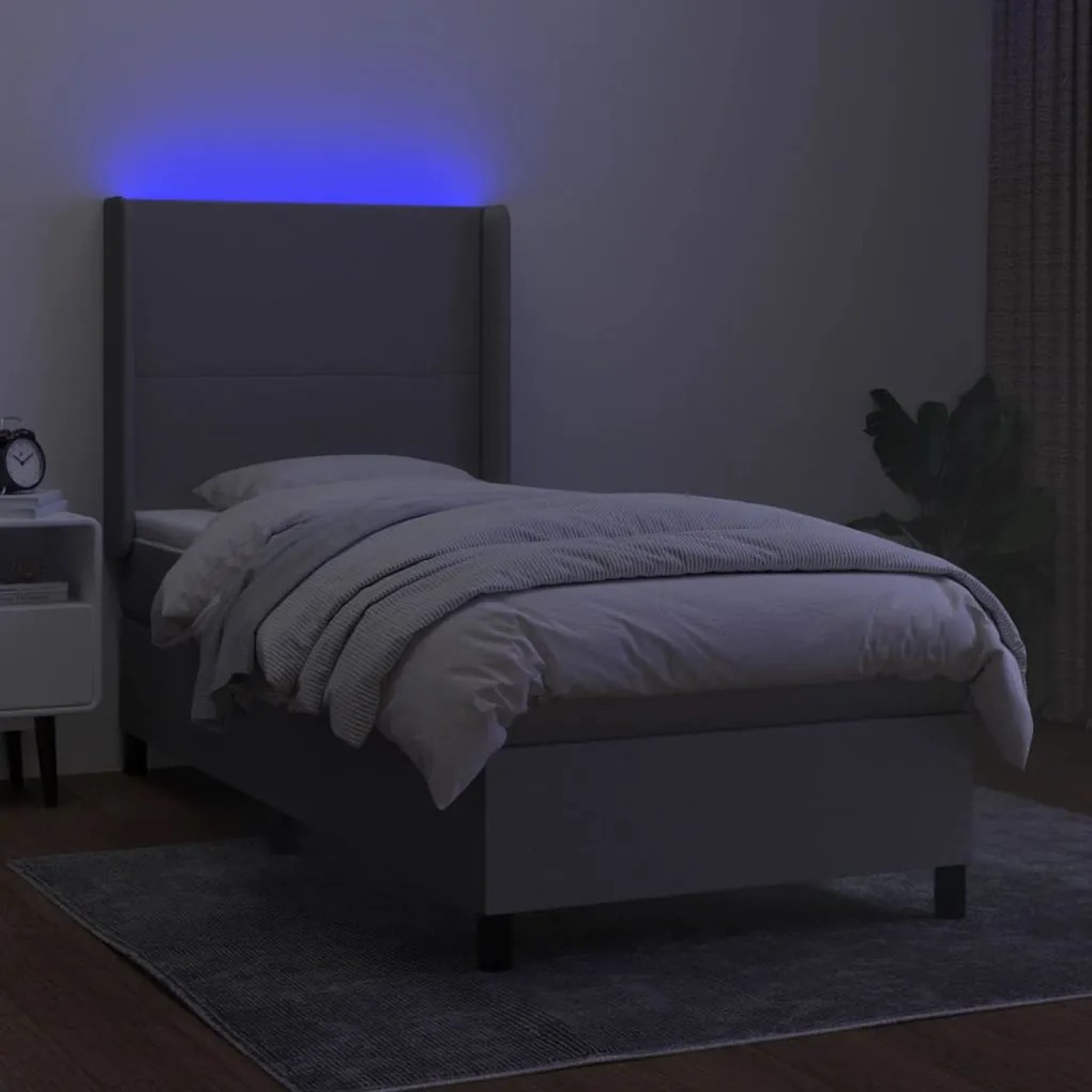 vidaXL Κρεβάτι Boxspring με Στρώμα & LED Αν.Γκρι 90x200 εκ. Υφασμάτινο