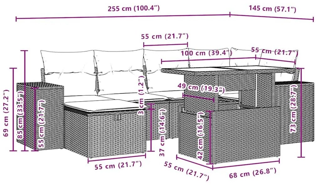 Σαλόνι Κήπου Σετ 7 Τεμαχίων Καφέ Συνθετικό Ρατάν με Μαξιλάρια - Καφέ