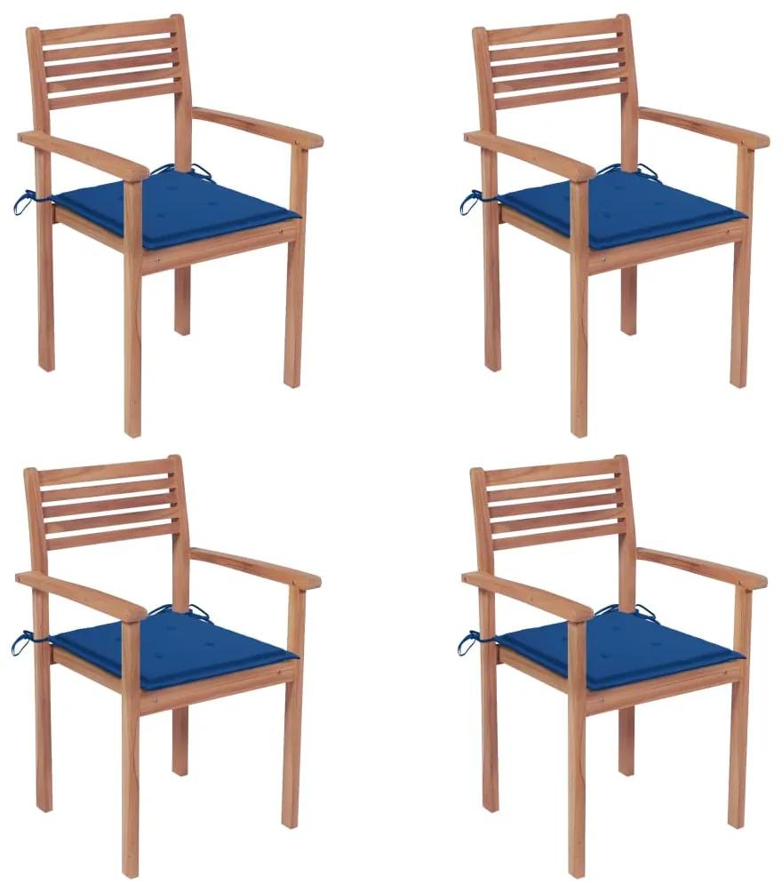 Καρέκλες Κήπου 4 τεμ από Μασίφ Ξύλο Teak με Μπλε Ρουά Μαξιλάρια