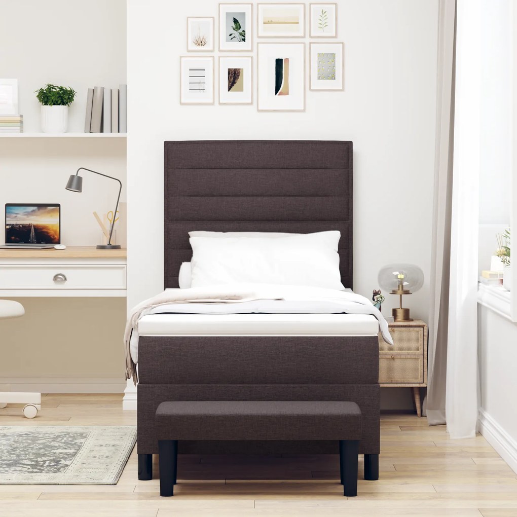 vidaXL Κρεβάτι Box Spring με Στρώμα & Πάγκο Σκούρο Καφέ 90x190 εκ Ύφασμα