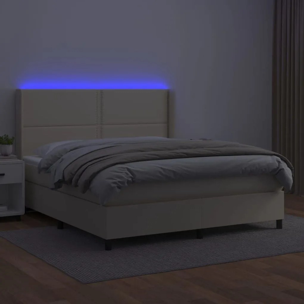 Κρεβάτι Boxspring με Στρώμα &amp; LED Κρεμ 160x200 εκ. Συνθ. Δέρμα - Κρεμ